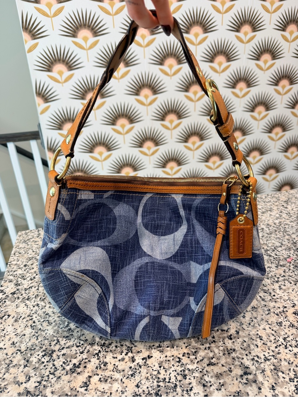 Coach Navy Signature Canvas Shoulder Bag with Tan Leather Trim